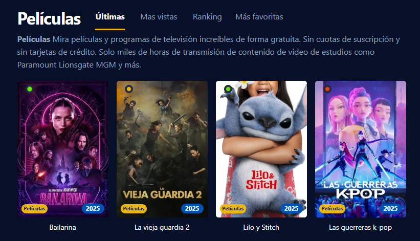 Captura de pantalla de la interfaz de usuario de Pelispedia, mostrando una colección de películas y series en alta definición.